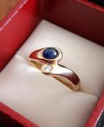 14 karaat gouden ring met saffier en diamant, Verzenden, 19 tot 20, Zo goed als nieuw, Dame