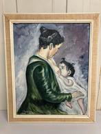 Schilderij vrouw gedeeltelijk naakt met baby borstvoeding, Antiek en Kunst, Ophalen of Verzenden