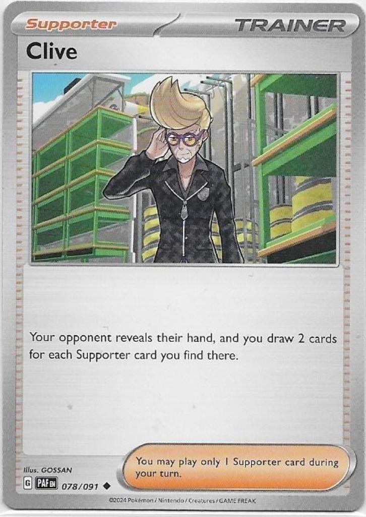 Paldean Fates,  Clive [uncommon] 78/91, Hobby en Vrije tijd, Verzamelkaartspellen | Pokémon, Nieuw, Losse kaart, Ophalen of Verzenden