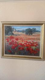 Aangeboden mooi landschap schilderij met klaprozen, Antiek en Kunst, Ophalen of Verzenden