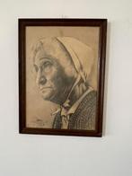 Oude potloodtekening Kniertje / oude vrouw.  Gesigneerd 1963, Ophalen