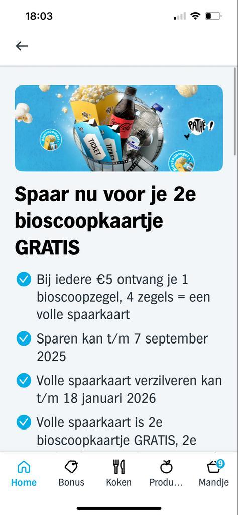 2e bioscoopkaartje gratis via albert heijn., Tickets en Kaartjes, Filmkaartjes, Eén persoon, Kortingskaartje