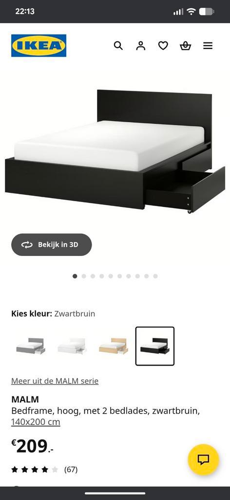 IKEA MALM
Bedframe, hoog, 2 bedlades, zwartbruin, 160x200CM, Huis en Inrichting, Slaapkamer | Bedden, Gebruikt, Tweepersoons, 160 cm