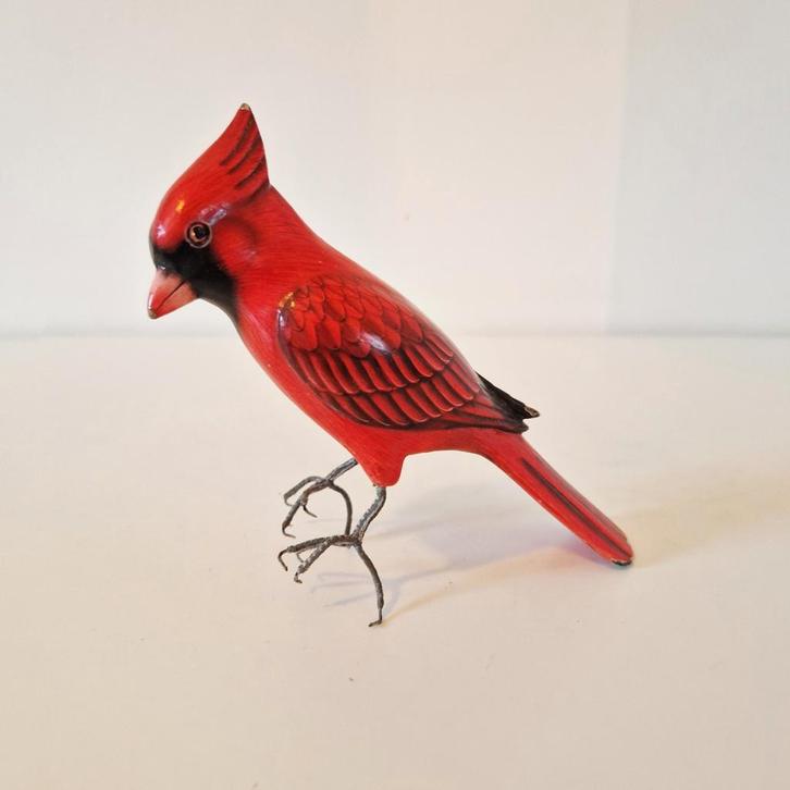 Oude rode houten vogel beeldje rode kardinaal, Antiek en Kunst, Curiosa en Brocante, Ophalen of Verzenden