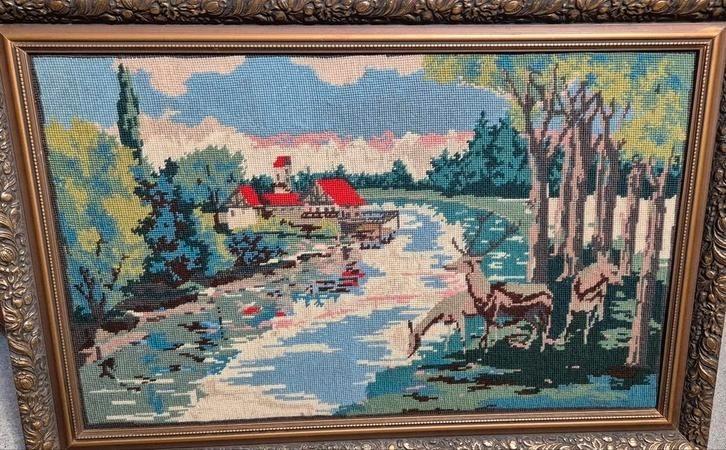 Geborduurd Landschap Schilderij, Antiek en Kunst, Antiek | Kleden en Textiel, Ophalen of Verzenden