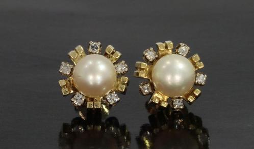 Parel met 10 diamanten 14k gouden luxe dames oorbellen retro, Sieraden, Tassen en Uiterlijk, Oorbellen, Zo goed als nieuw, Knopjes of Stekers