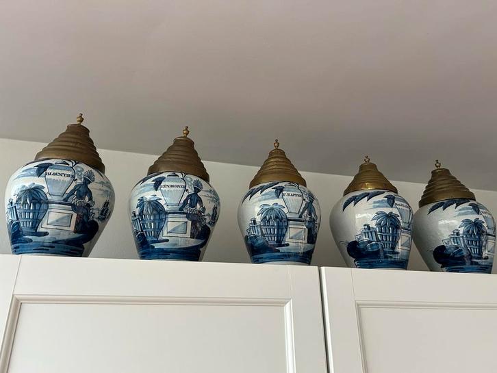 Antieke Delfts Blauwe Tabakspotten 5 st met koperen Deksel, Antiek en Kunst, Antiek | Keramiek en Aardewerk, Ophalen of Verzenden