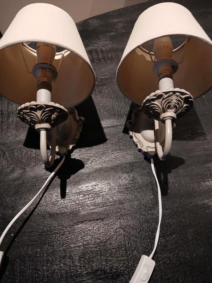 Set brocante van 2 Wandlampen met Stoffen Kap, Huis en Inrichting, Lampen | Wandlampen, Zo goed als nieuw, Stof, Overige materialen