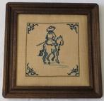 Ingelijst borduurwerk oudhollandse tegel ruiter te paard, Ophalen of Verzenden, Gebruikt