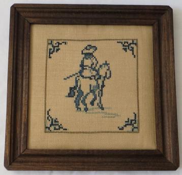 Ingelijst borduurwerk oudhollandse tegel ruiter te paard beschikbaar voor biedingen