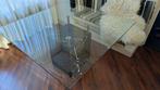 Vierkante, glazen eetkamertafel met marmeren voet., Huis en Inrichting, Tafels | Eettafels, Ophalen, Vierkant, Vijf personen of meer