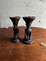 Set 2 handgesneden houten kandelaren – Afrikaanse volkskunst, Antiek en Kunst, Ophalen of Verzenden