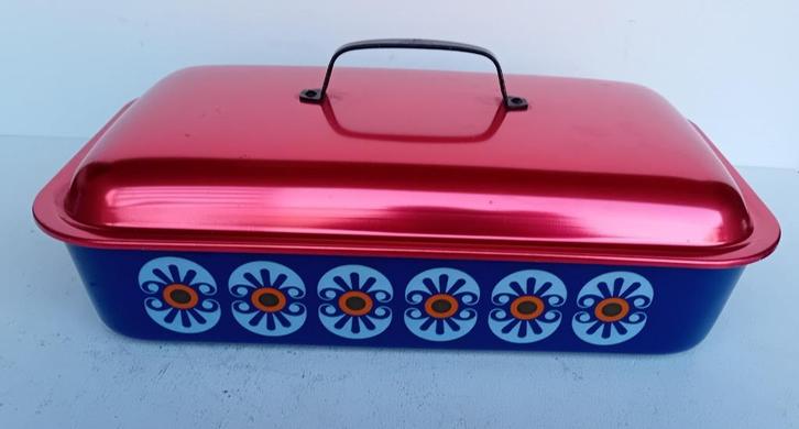 Retro emaille ovenschaal en pocheerpan met deksel en rek, Huis en Inrichting, Keuken | Keukenbenodigdheden, Gebruikt, Ophalen of Verzenden