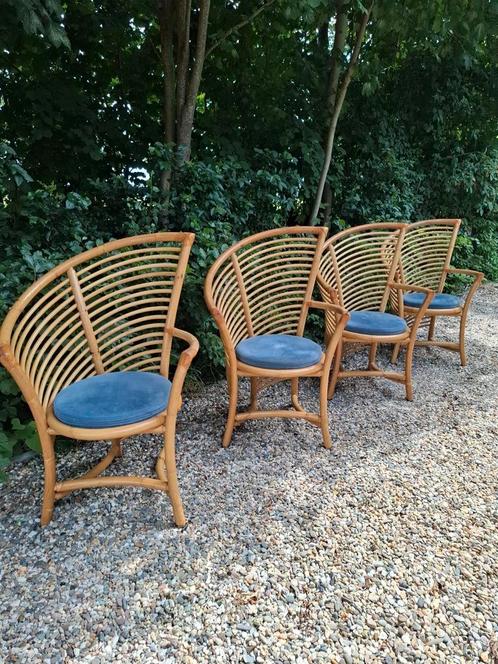 Vintage design Rotan Bamboe Stoelen Flechtatelier Schütz, Huis en Inrichting, Stoelen, Gebruikt, Vier, Riet of Rotan, Stof, Bruin
