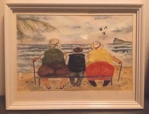 2 Flinke dames met oud mannetje op bankje bij het strand, Antiek en Kunst, Kunst | Litho's en Zeefdrukken, Ophalen of Verzenden