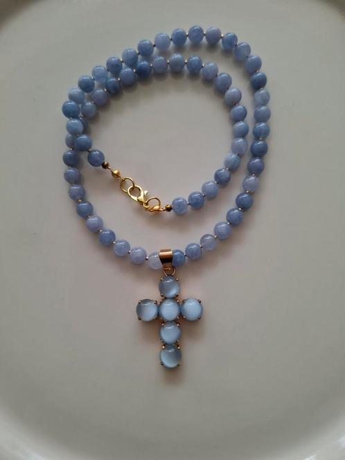Engelenstenen (Angeliet) ketting met vintage hanger., Sieraden, Tassen en Uiterlijk, Kettingen, Zo goed als nieuw, Steen of Mineraal