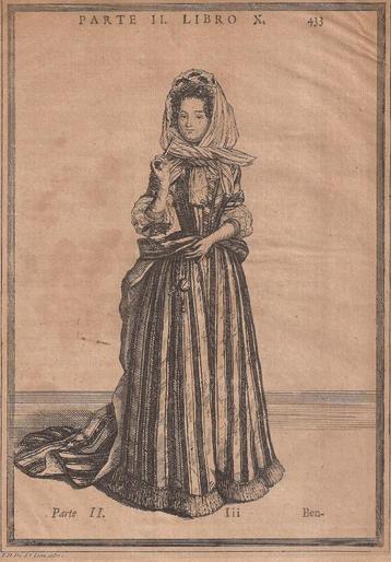 Leti - Dame in zomertenue van voren gezien Kopergravure 1690 beschikbaar voor biedingen