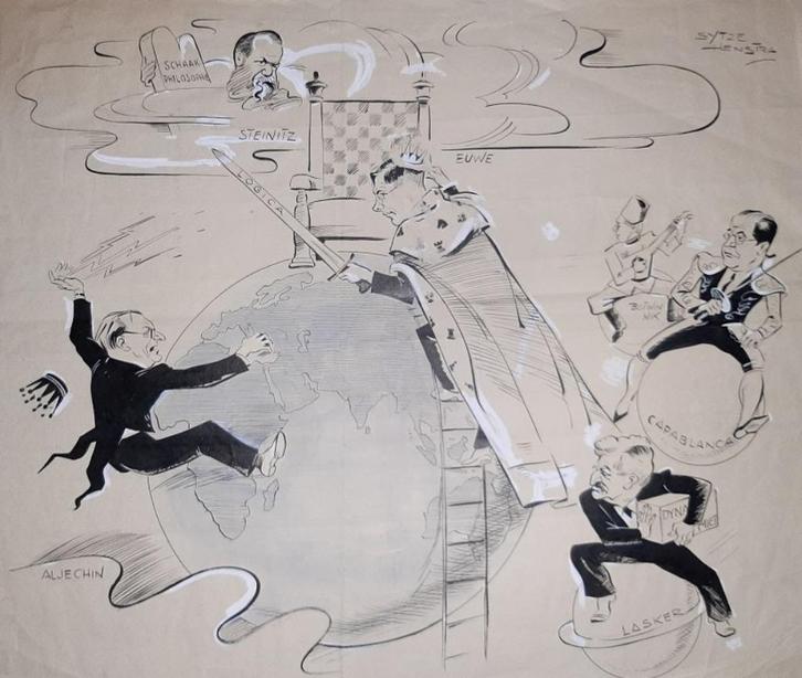 Max Euwe ! Originele tekening van 5 wereldkampioenen schaken, Verzamelen, Sportartikelen en Voetbal, Ophalen