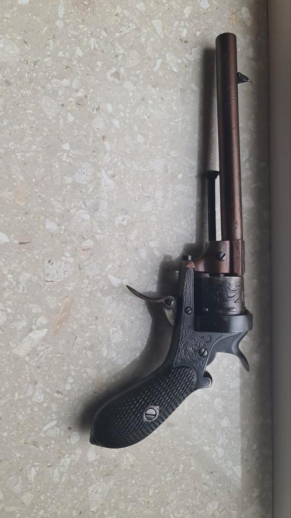 Antieke Penvuur Revolver, 7mm, 6-schots, met Gravure, Antiek en Kunst, Antiek | Overige Antiek, Ophalen of Verzenden