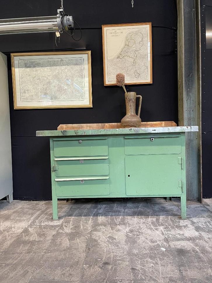 Industriële groene werkbank, Antiek en Kunst, Curiosa en Brocante, Ophalen