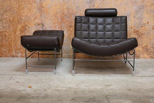 ZGAN! bruine leren Leolux Volare design fauteuil + hocker, Huis en Inrichting, Fauteuils, Zo goed als nieuw, Leer, Metaal, 75 tot 100 cm