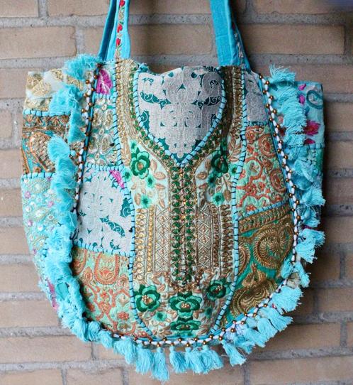 Patchwork India hippy tas tote bag XL strandtas TURKOIS GOUD, Sieraden, Tassen en Uiterlijk, Tassen | Damestassen, Nieuw, Shopper