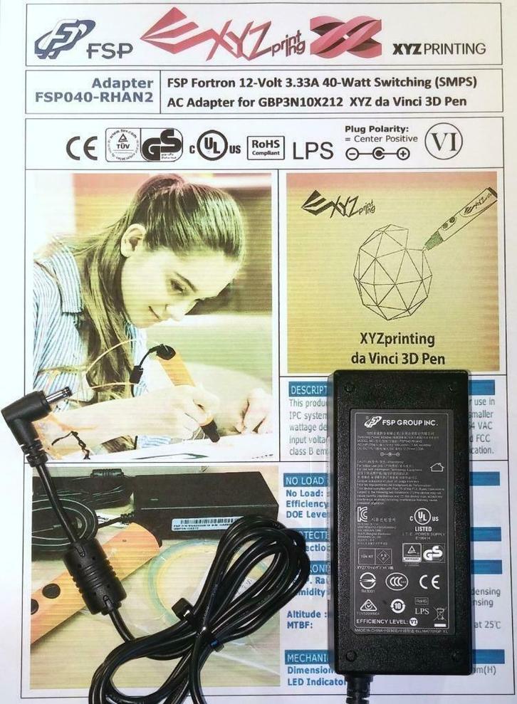 FSP FSP040-RHAN XYZ DaVinci 3D Pen Lader 12V 3A 40W Adapter, Computers en Software, Pc- en Netwerkkabels, Zo goed als nieuw, Ophalen of Verzenden