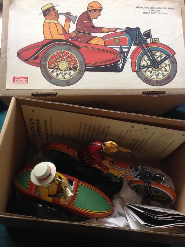 Blikken Motor met zijspan. Paya Moto Tuf Tuf 30 cm, Antiek en Kunst, Antiek | Speelgoed, Ophalen of Verzenden