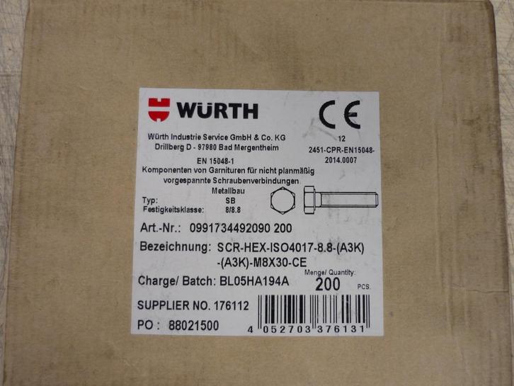 zeskant bouten Wurth m8x30 voldraad zie foto,s, Doe-het-zelf en Verbouw, Metalen, Nieuw, IJzer, Ophalen of Verzenden