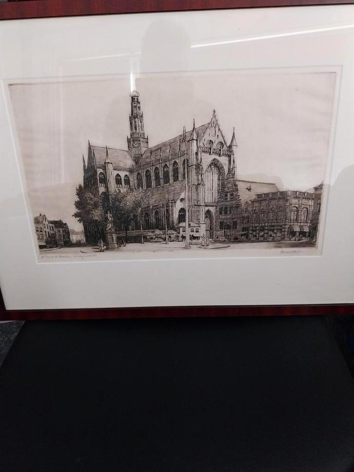 Gegraveerde afbeelding van de Grote Kerk in Haarlem, Antiek en Kunst, Kunst | Etsen en Gravures, Ophalen