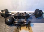Halterset met stang, gewichten en medicijnbal, Sport en Fitness, Fitnessmaterialen, Ophalen, Gebruikt, Benen, Halterset
