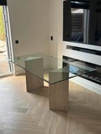 vintage travertin tafel met glazen blad, Huis en Inrichting, Tafels | Eettafels, Ophalen, Travertin japandi vintage marmeren natuursteen