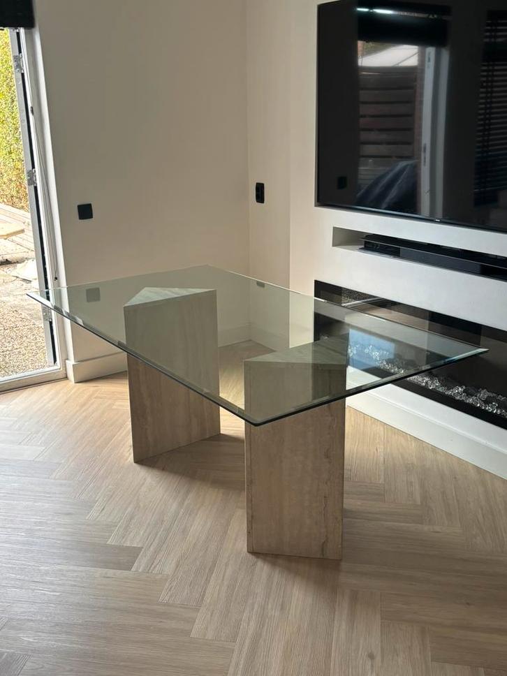 vintage travertin tafel met glazen blad, Huis en Inrichting, Tafels | Eettafels, Zo goed als nieuw, 50 tot 100 cm, 150 tot 200 cm