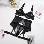 Zwart doorzichtig mesh lingerie setje string bh jarretels, Kleding | Dames, Ondergoed en Lingerie, Verzenden, Zwart, Setje