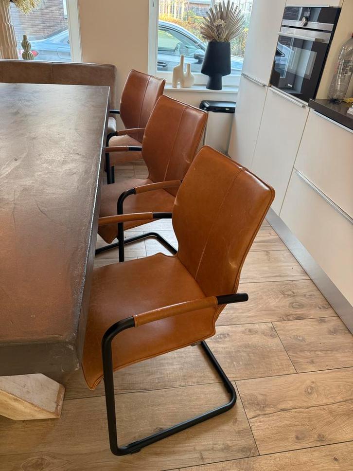 6 Luxe Leren Eetkamerstoelen Camel Bruin, Huis en Inrichting, Stoelen, Gebruikt, Vijf, Zes of meer stoelen, Leer, Bruin, Ophalen