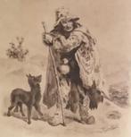 Landloper Zwerver  Man Hond prent litho aquarel Frankrijk, Ophalen of Verzenden