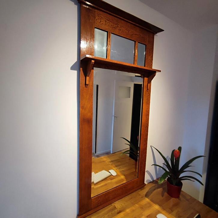 Massief houten halspiegel / wandspiegel – eiken, Antiek en Kunst, Antiek | Spiegels, 50 tot 100 cm, 150 tot 200 cm, Rechthoekig