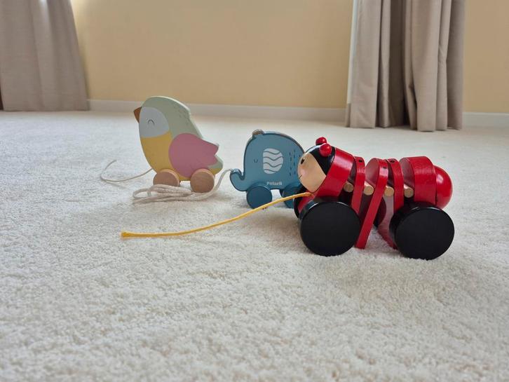 Houten Trekspeelgoed Set - Vogel, Olifant & Rups, Kinderen en Baby's, Speelgoed | Houten speelgoed, Zo goed als nieuw, Duw- of Trekspeelgoed