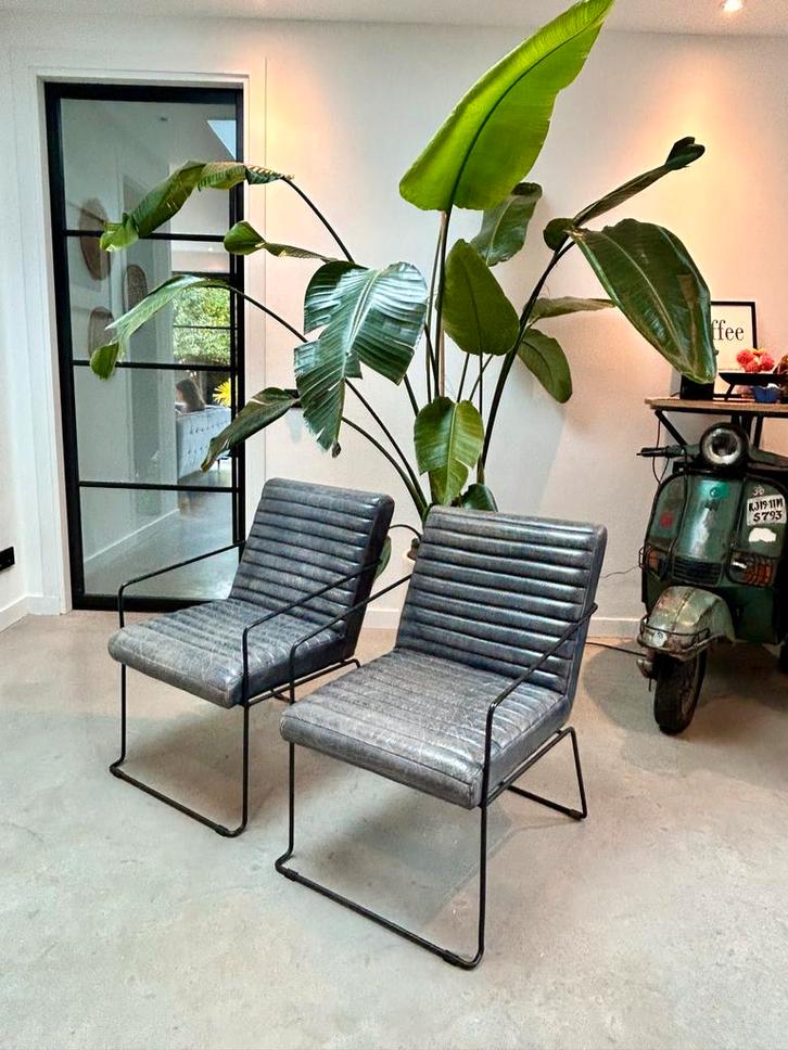 Industriële leren stoelen - Petrol - Set van 2, Huis en Inrichting, Stoelen, Gebruikt, Twee, Leer, Blauw, Ophalen