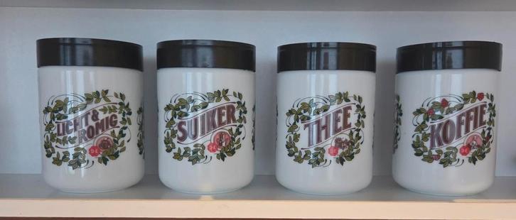 Vintage set voorraad potten DE, koffie suiker melk thee., Huis en Inrichting, Keuken | Servies, Gebruikt, Glas, Ophalen of Verzenden