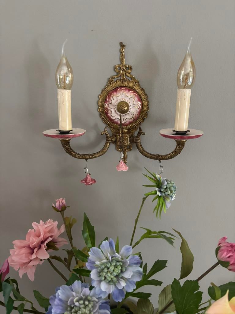 Antiek brocante vintage strik wandlamp met bloemaccenten, Huis en Inrichting, Lampen | Wandlampen, Ophalen of Verzenden, Gebruikt