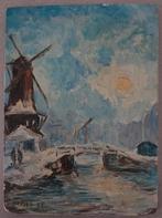 Wintergezicht met molen. Olieverf op board. Gesigneerd. 1955, Antiek en Kunst, Kunst | Schilderijen | Klassiek, Ophalen of Verzenden