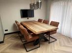 Massief eiken eettafel en leren industriele stoelen, Huis en Inrichting, Ophalen, Gebruikt, 100 tot 150 cm, Eikenhout