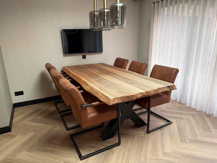 Massief eiken eettafel en leren industriele stoelen, Huis en Inrichting, Tafels | Eettafels, Gebruikt, 100 tot 150 cm, 200 cm of meer