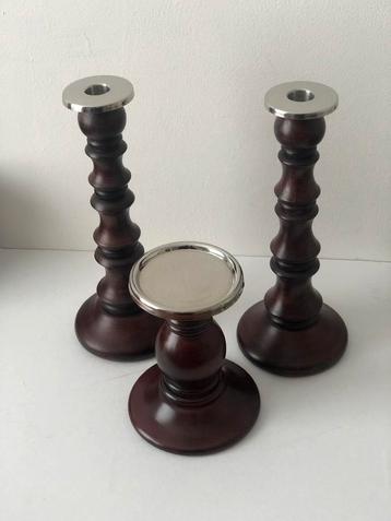3 delig set kandelaars hout met chrome beschikbaar voor biedingen