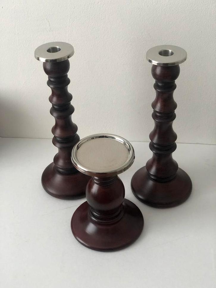 3 delig set kandelaars hout met chrome, Huis en Inrichting, Woonaccessoires | Kandelaars en Kaarsen, Nieuw, Kandelaar, 25 tot 50 cm