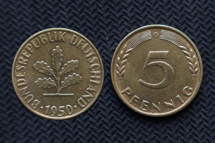 Muntgeld Duitsland 5 Pfennig 1950G, Postzegels en Munten, Munten | Europa | Niet-Euromunten, Losse munt, Duitsland, Ophalen of Verzenden