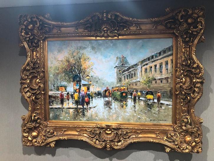 Schilderij Parijs Stadsgezicht met Gouden Lijst, Antiek en Kunst, Kunst | Schilderijen | Klassiek, Ophalen of Verzenden