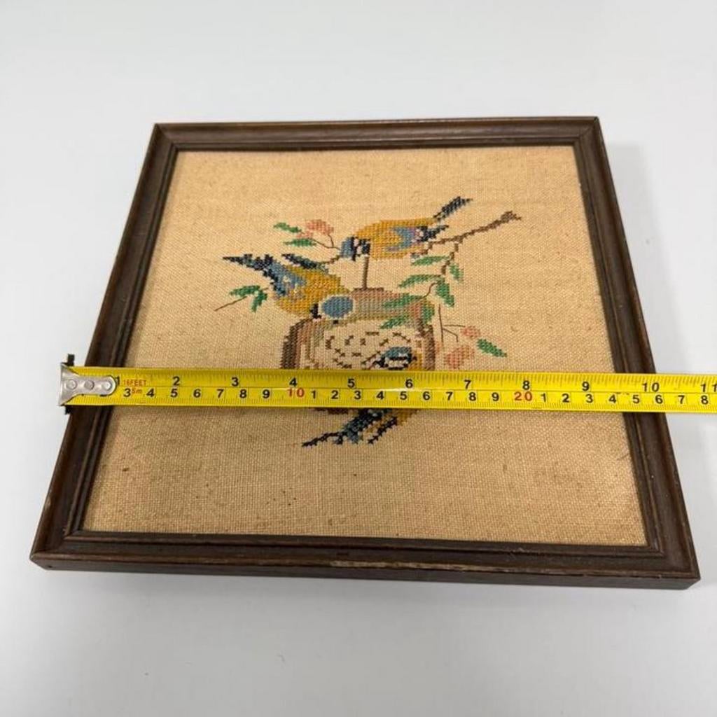 Vintage handgemaakt kruissteek borduurwerk vogels in lijst, Ophalen of Verzenden