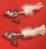 2x oude kerstbal glas vogel op knijper, zilverkleur, retro, Ophalen, Gebruikt